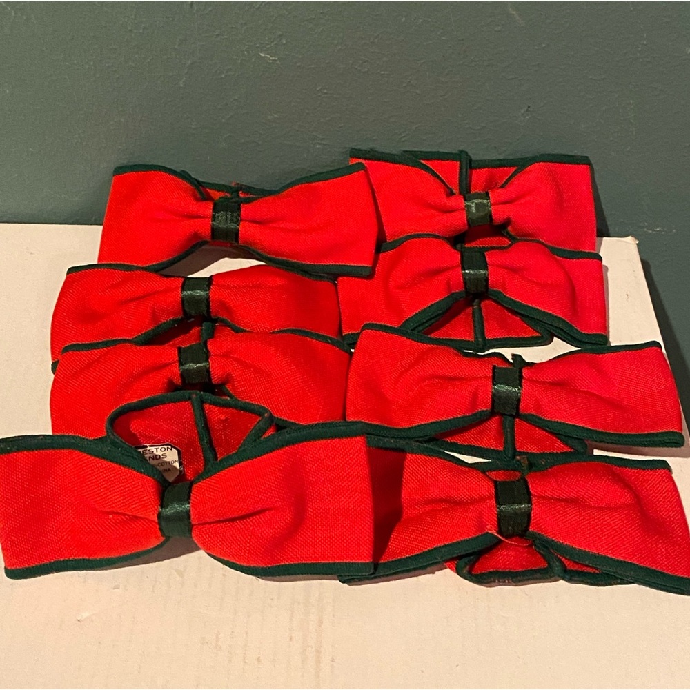 Vintage Christmas Napkin Rings Red Green Fabric Bows Set Of 8 Holiday Table